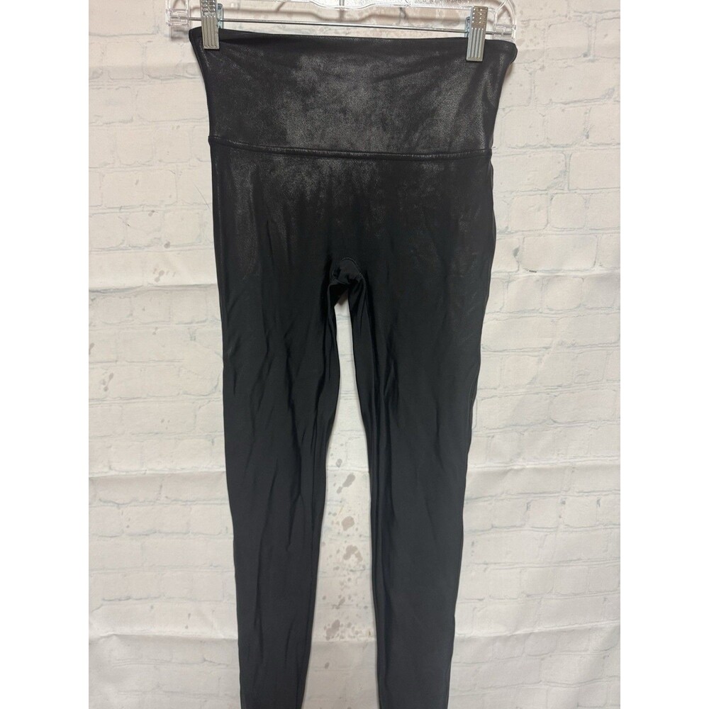 SPANX Leggings Size Medium Faux Leather Metalic Shiny MOTO Black